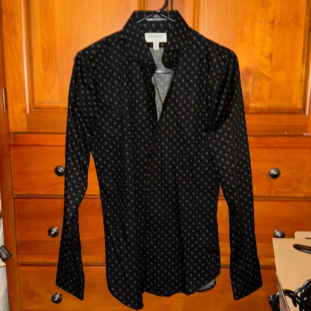 Express Black Dress Shirt with Small White Dot Pattern